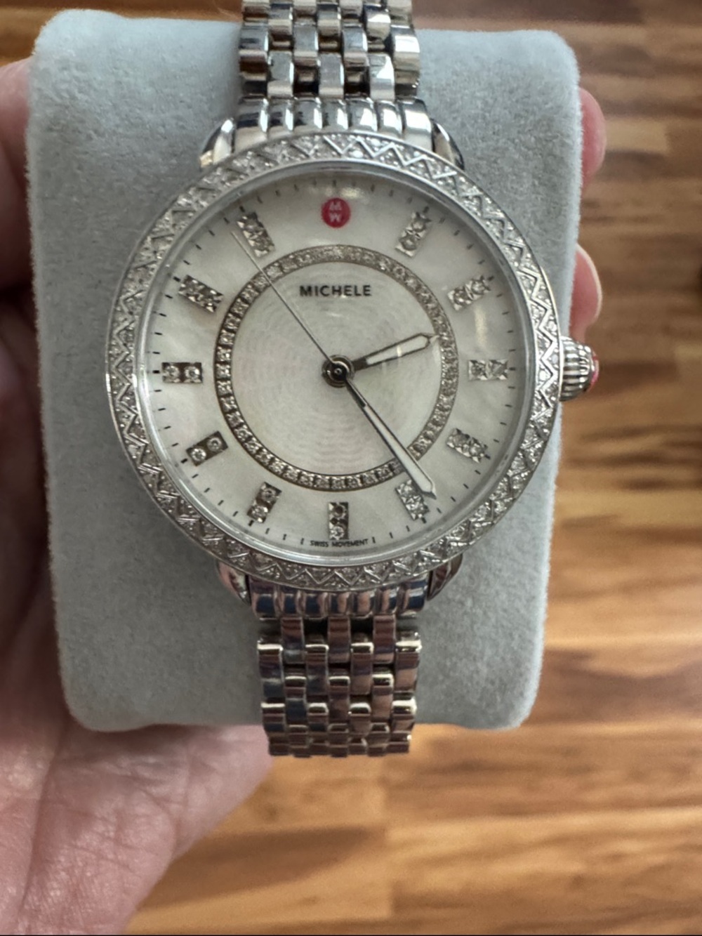 Michele Sidney Stainless Steel  Watch with Mother of Pearl and Diamond Accents